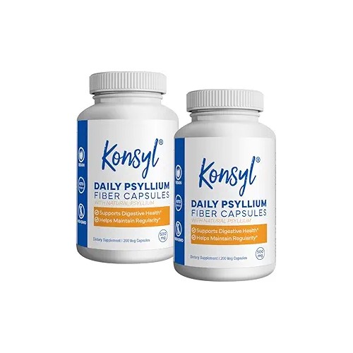 Konsyl Daily Psyllium Fiber Capsules - 1500mg Natural Psyllium Husk for Digestive Health & Weight Management (2-Pack, 200 Capsules Each)